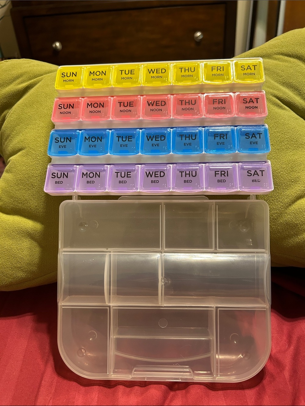 Weekly Pill Organizer Multi-Color Daily Compartments. Clear case included